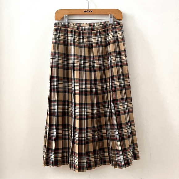Vintage Tan Tartan Wool Plaid Kilt Midi Skirt with Button Detail Vintage - Picture 4 of 8